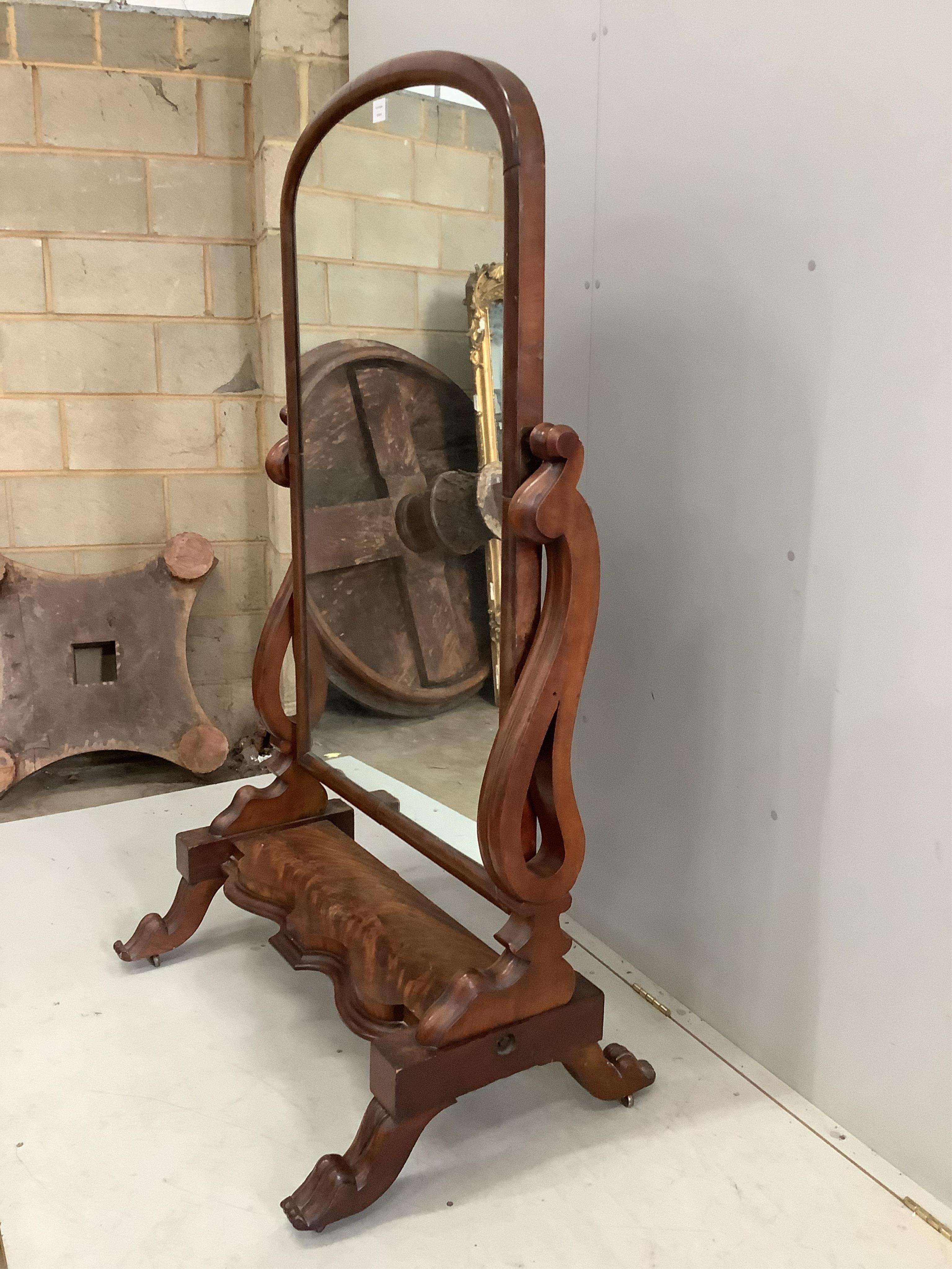 A Victorian mahogany cheval mirror, width 96cm, height 160cm